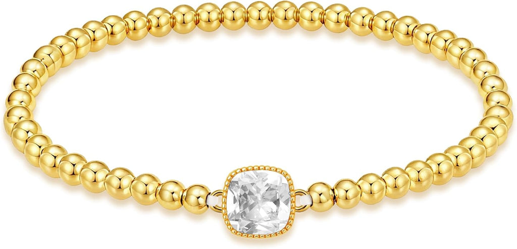 HZDK Gold Bracelets for Women - 14K Gold Plated Beaded Bracelets for Women Gold Jewelry Stackable Charm Bracelet Dainty Stretch Bead Bracelet Christmas Gifts for Her