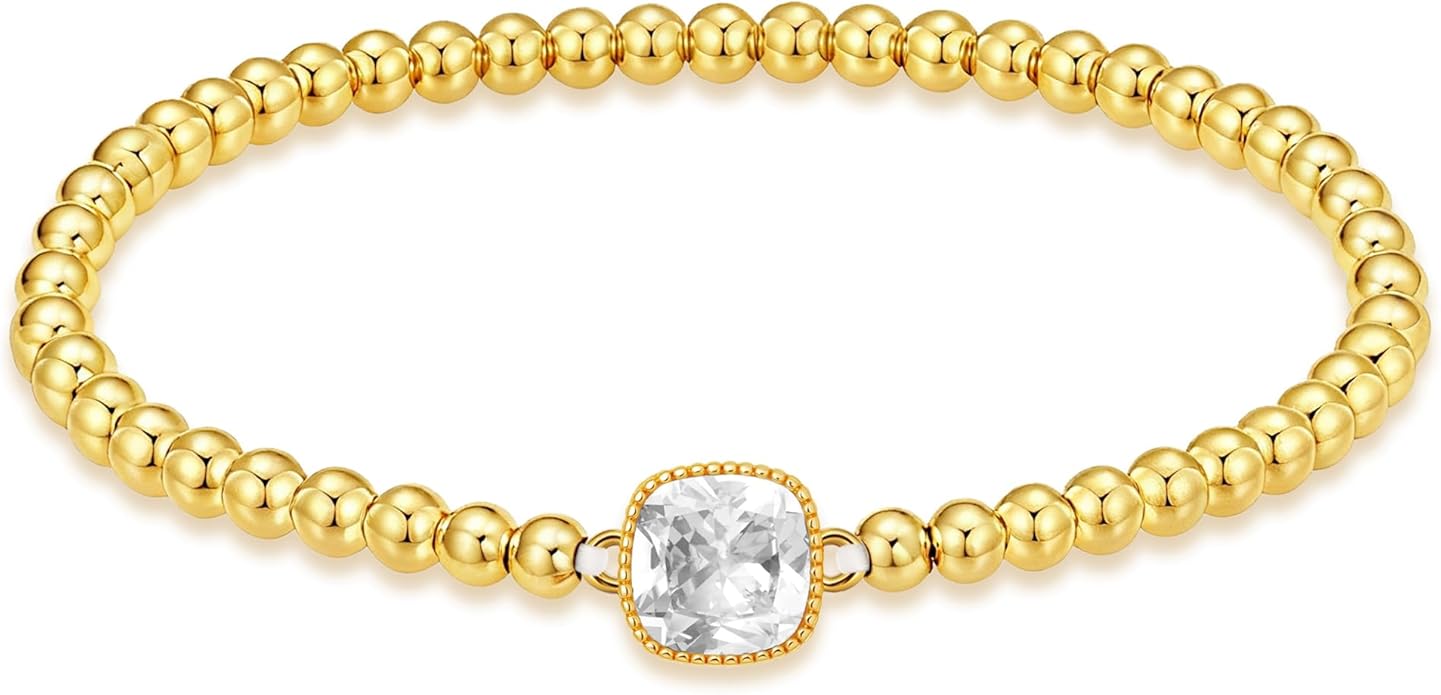 HZDK Gold Bracelets for Women - 14K Gold Plated Beaded Bracelets for Women Gold Jewelry Stackable Charm Bracelet Dainty Stretch Bead Bracelet Christmas Gifts for Her