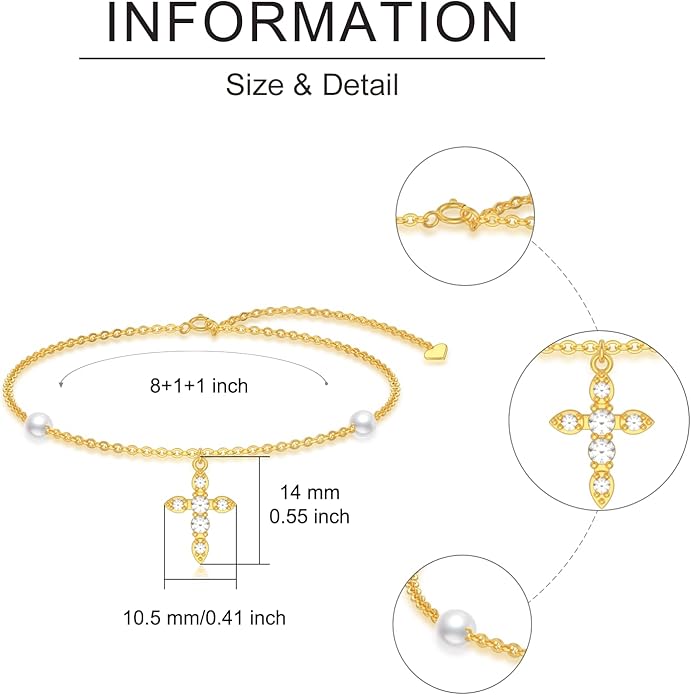 Solid 14K Gold Cross/Heart Anklet for Women, Real Gold Cross Bracelet Adjustable Beach Foot Ankle Bracelet Religious Fine Jewelry Gifts for Her Wife Mom Nana