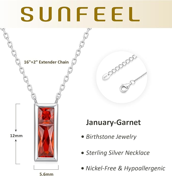 SUNFEEL Birthstone Necklace for Women, S925 Sterling Silver Necklaces with Square Cubic Zirconia Gemstone Necklace Women's Jewelry Anniversary Birthday Gifts for Women Mom Wife Her