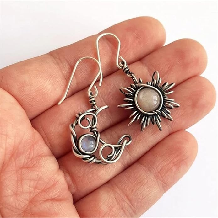 ANDPAI Unique Chic Abstract Hollow Black Vintage Silver Asymmetry Moon Star Sun Dangle Drop Earrings Black Moonstone Moon Hypoallergenic Earrings for Women Statement Jewelry Gifts