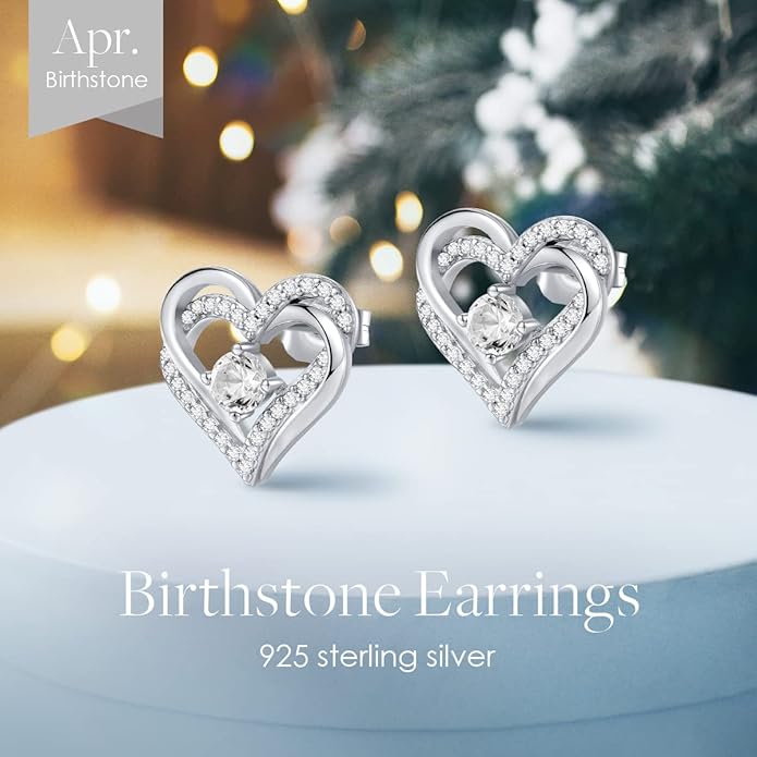 CDE Forever Love Heart Stud Earrings for Women, 925 Sterling Silver Birthstone Heart Stud Earrings Christmas Day Mother's Day Gift Anniversary Birthday Jewelry Gifts for Women Wife Her