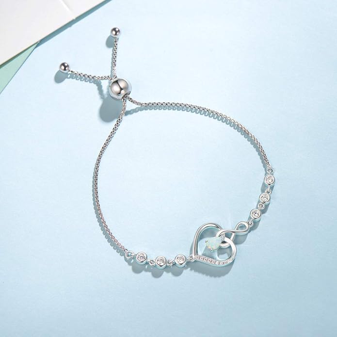 AGVANA Valentines Day Gifts Heart Birthstone Bracelets for Women Sterling Silver Genuine or Created Gemstone Tennis Bracelet Infinity Love Jewelry Anniversary Birthday Gifts for Wife Mom Women