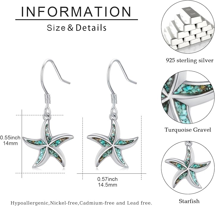 Ocean Earrings 925 Sterling Silver Turquoise Sea Animal Dangle Drop Earrings Beach Themed Jewelry Gifts for Women Girls