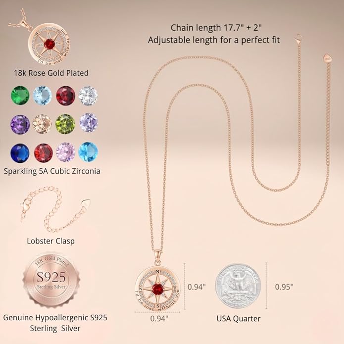 Compass Necklace for Women Wife Girlfriend Mom Daughter Gifts S925 Sterling Silver Jewelry For Anniversary Rose Gold Gifts For Birthday Christmas Mothers Valentines Day 12 Birthstones