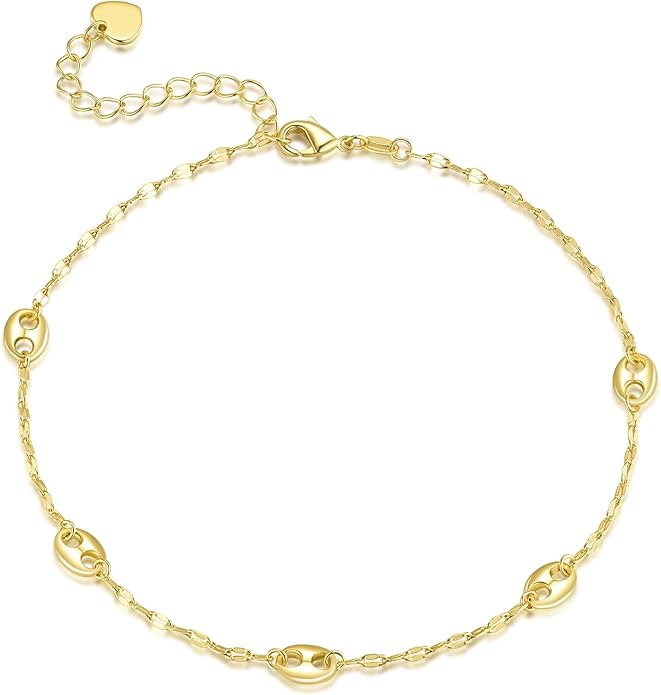 14K Gold Anklets for Women Gold Ankle Bracelets for Women Anklet for Womens Simple Design with Uniquely Oval Connectors Beach Boho Ankle Bracelet for Womens Adjustable (9.6-11) in