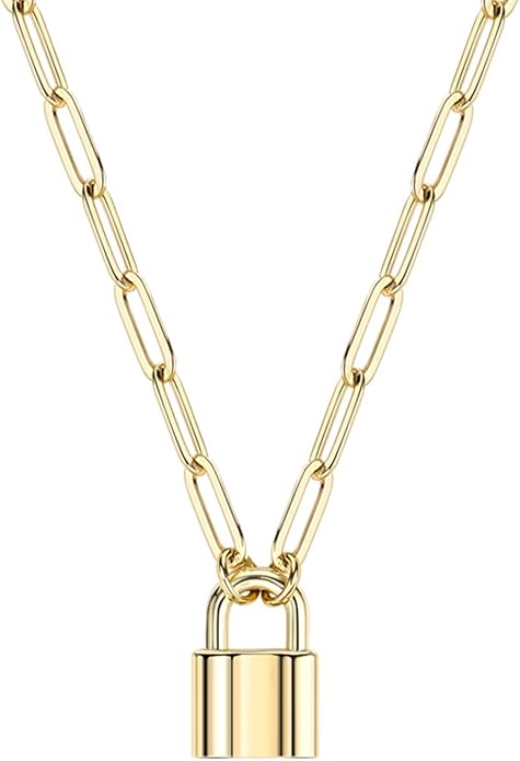BOUTIQUELOVIN 14K Gold Plated Lock Necklace for Women Paperclip Link Chain Padlock Necklace Non-Tarnish