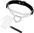 Gothic Heart Pendant Choker Necklace with Chain, Black Leather Collar, Silver Metal Hardware