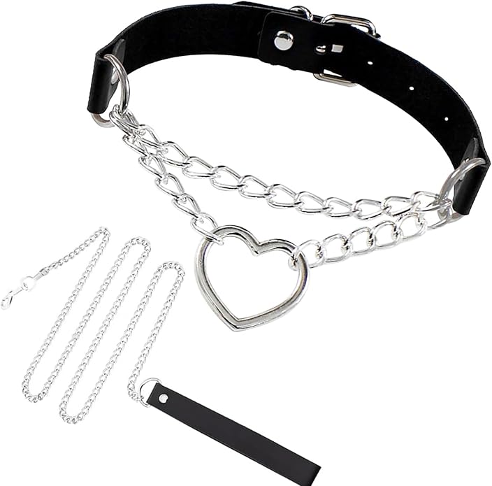 Gothic Heart Pendant Choker Necklace with Chain, Black Leather Collar, Silver Metal Hardware