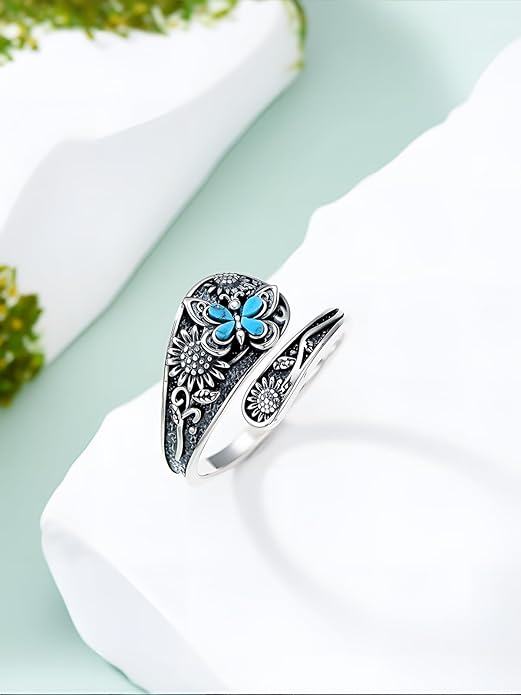 JKR Turquoise Spoon Rings for Women Sterling Silver Vintage Antique Thumb Ring Boho Jewelry Anniversary Birthday Gift for Wife Her Mom