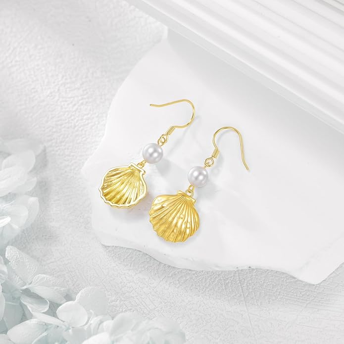 VONALA Silver/Gold Seashell Pearl Dangle Earrings 925 Sterling Silver Beach Drop Dangle Earrings Starfish Leverback Earrings Ocean Jewelry Gifts for Women