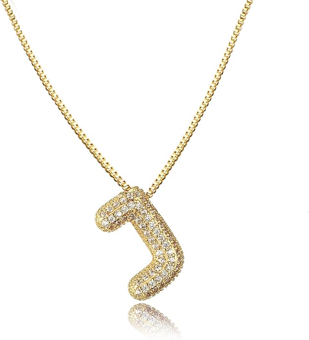 SKQIR Diamond Initial Letter Necklace for Women Bubble Gold Plated Puffy Balloon Alphabet Crystal Zircon Pendant Name Necklace Dainty Charms Trendy Jewelry Gift for Women
