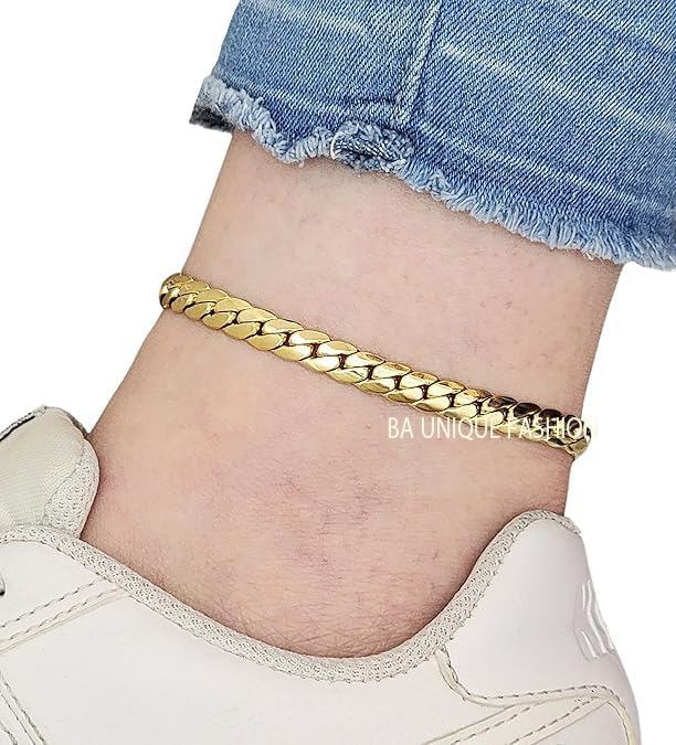 Gold Electroplated Anklet for Women, 9-12 Inch Sizes, Figaro, Cuban, Mariner, Herringbone Design - Made in Korea