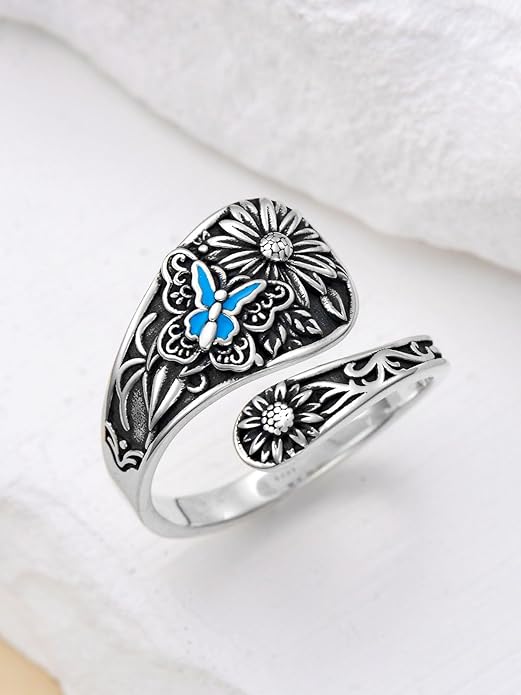 Midari Sun and Moon/Bee/Celtic/Life of Tree/Lotus Spoon Ring for Women 925 Sterling Silver Adjustable Ring Open Ring for Women Men Halloween Birthday Gift