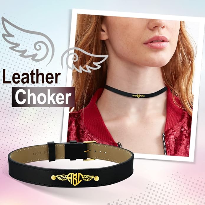 Custom4U Personalized Black Leather Choker Necklace with Picture/Name/Initials/Letters Charm,Custom Made Adjustable Choker Collar Gothic Punk Necklaces Jewelry Gifts for Women