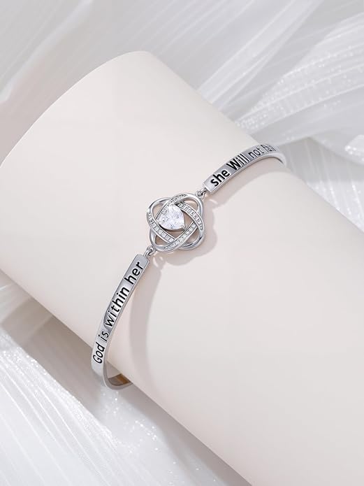 Valentines Day Gifts for Her, 18k White Gold Plated Love Knot Bracelets, Engraved Inspirational and Sentiment Bangle, Anniversary Birthday Jewelry Gift for Lover Wife Girlfriend Sister Friends