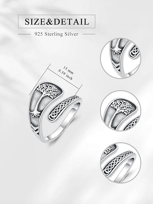 Midari Sun and Moon/Bee/Celtic/Life of Tree/Lotus Spoon Ring for Women 925 Sterling Silver Adjustable Ring Open Ring for Women Men Halloween Birthday Gift