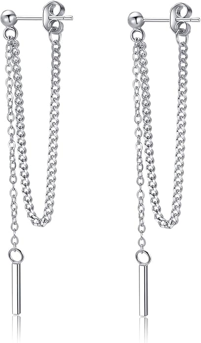 SLUYNZ Solid 925 Sterling Silver Bar Dangle Earrings for Women Minimalist Dangle Earrings Threader Chain
