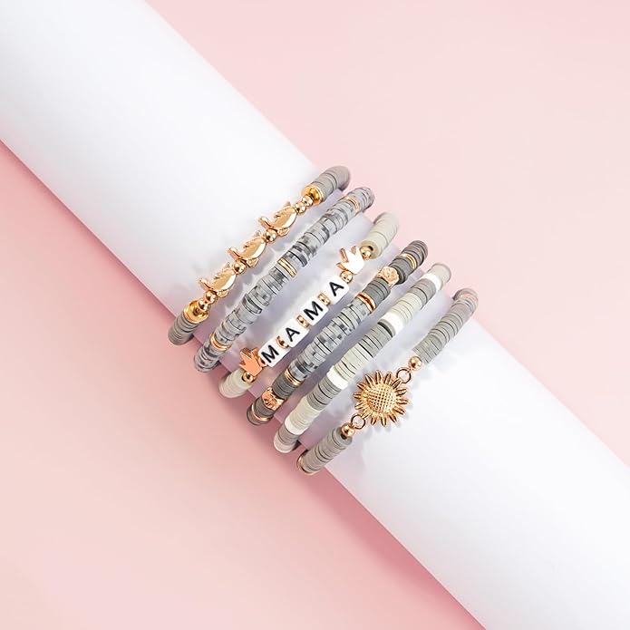 Heishi Beaded Stretch Bracelets for Women Stackable Polymer Clay Beads Bracelets Friendship Boho Summer Beach Bracelet Jewelry Set