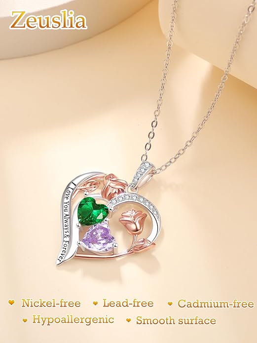 Valentine's Day Gifts for Wife 925 Sterling Silver Double Birthstone Pendant Necklaces I Love You for Always and Forever Necklace Anniversary Birthday Gifts for Wife Girlfriend Mom Her