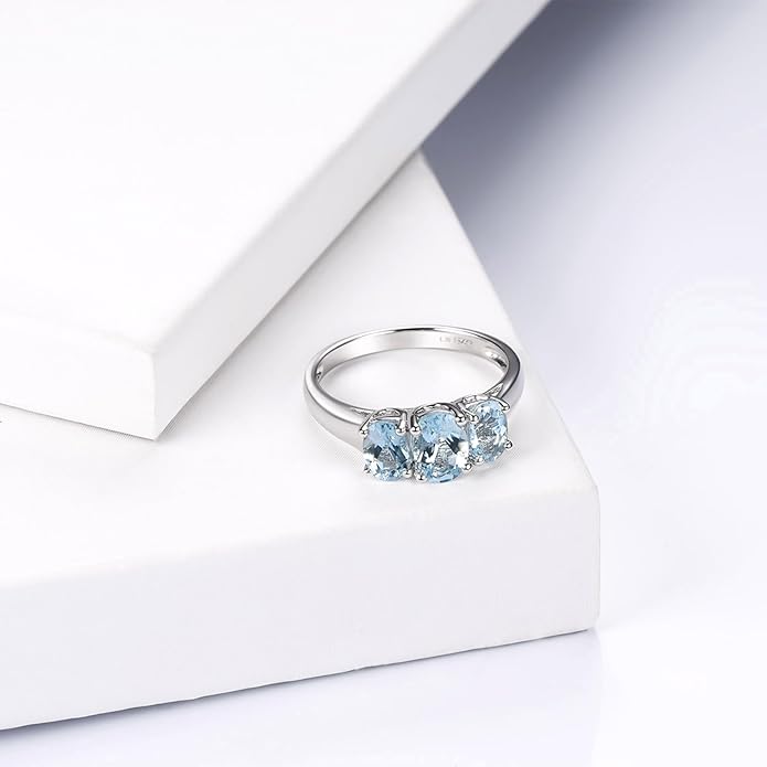 Natural Aquamarine Rings for Women S925 Sterling Silver Real Gemstone March Birthstone Simple Promise Ring Elegant Style Fine Jewelry for Birthday