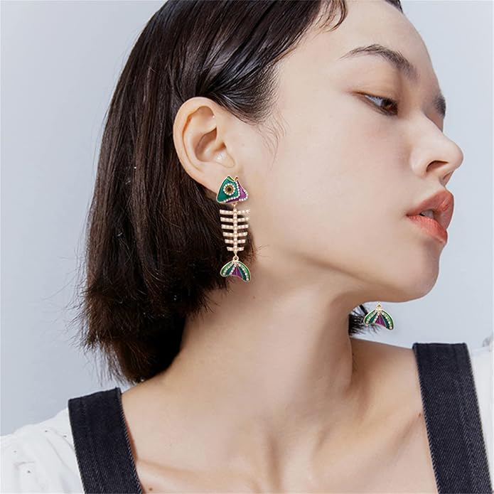 Creative Exaggerated Long Colorful Sparkly Crystal Fish Bone Dangle Drop Earrings Vintage Gold Cute Enamel Diamond Animal metal Stud Earrings