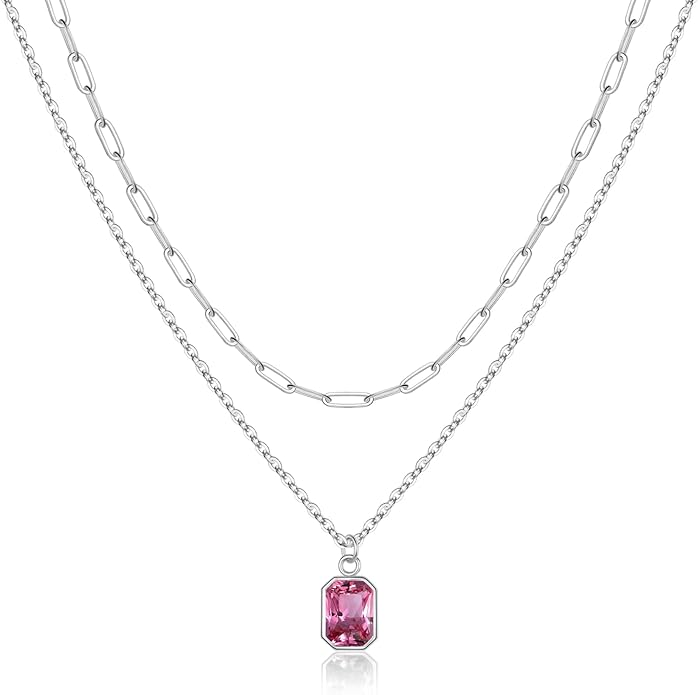 Layered Birthstone Necklace for Women Girls, 14K Gold-Plated Paperclip Chain Choker Necklace with Rectangle Birthstone Pendant Birthday Gifts for Women Girls Dainty Small