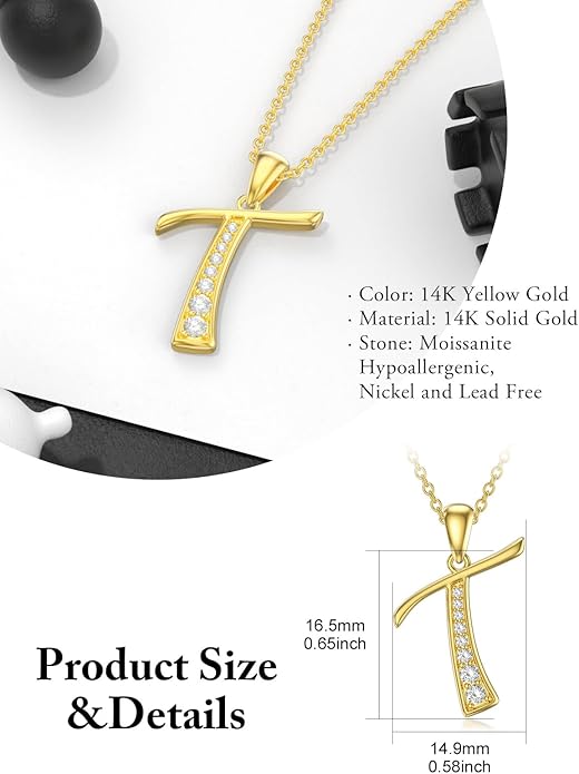 14k Gold Initial Necklace for Women, Solid Gold Moissanite Letter Pendant Necklaces Jewelry for Her Birthday Valentines Day Gifts for Mom Wife Christmas Gifts for Girlfriend Sister