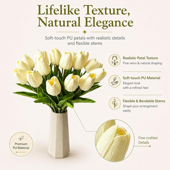 Mandy's 20pcs Artificial Cream Tulips | 13.5 Inch Lifelike PU Tulips Faux - Image 2