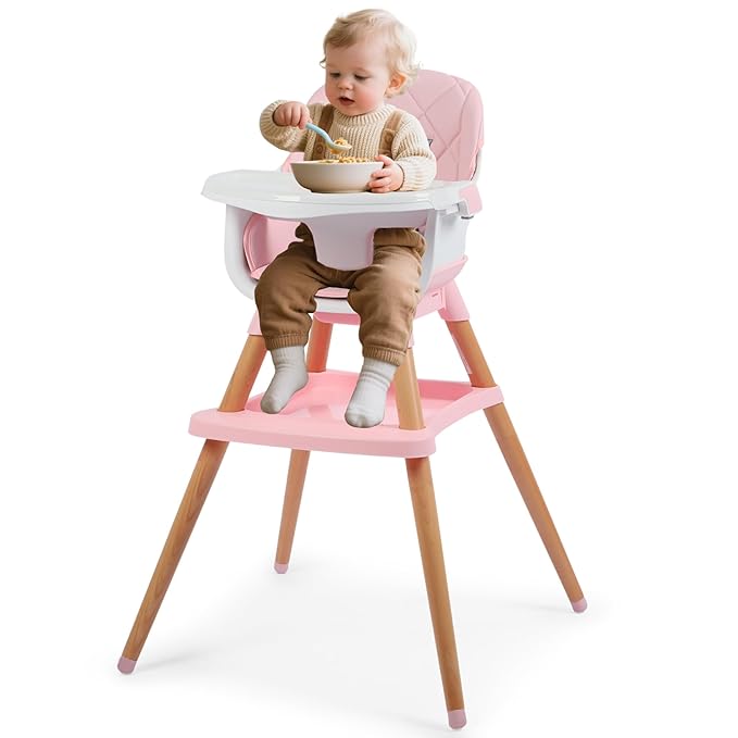 Kinder King 7 in 1 Baby High Chair for Babies and Toddlers with Large Storage Footrest, Booster Seat, Convertible Wooden High Chair with 3-Depth Double Dishwasher Safe Tray, 5 Point Harness, Pink