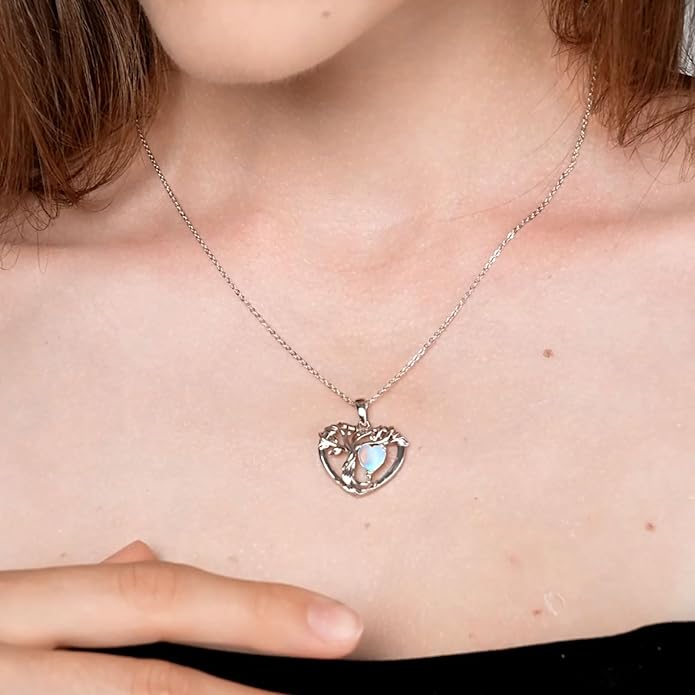 Tree of Life Necklaces for Women 925 Sterling Silver Heart Pendant Birthstone Necklace Created Gemstone Jewelry for Her, 18"+2"