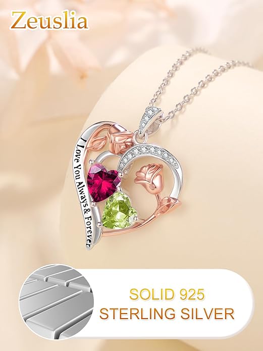 Valentine's Day Gifts for Wife 925 Sterling Silver Double Birthstone Pendant Necklaces I Love You for Always and Forever Necklace Anniversary Birthday Gifts for Wife Girlfriend Mom Her