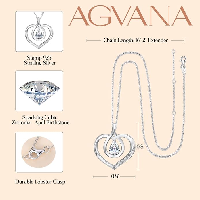 AGVANA Valentines Day Gifts Heart Birthstone Necklace for Women Sterling Silver Genuine or Created Gemstone Forever Love Pendant Necklace Fine Jewelry Anniversary Birthday Gifts for Women Mom Wife