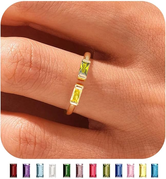 WFYOU Gold Birthstone Rings for Women - Non Tarnish Dainty 14K Gold Plated Stackable CZ Rings for Her & Couples - Personalized Jewelry Gift for Birthday