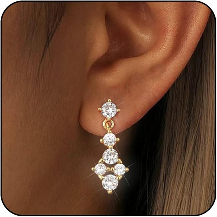 14K Gold Plated Dangle Earrings for Women Dainty Silver Drop Earring Trendy Small Long Dangling Wedding Bridesmaid Hoop Diamond Crystal Cute Earring Jewelry Valentine Gifts