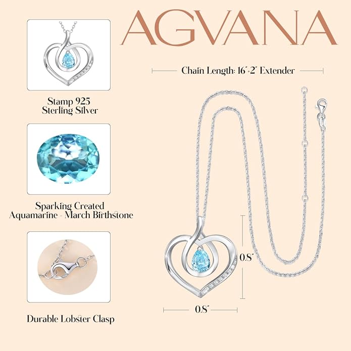 AGVANA Valentines Day Gifts Heart Birthstone Necklace for Women Sterling Silver Genuine or Created Gemstone Forever Love Pendant Necklace Fine Jewelry Anniversary Birthday Gifts for Women Mom Wife
