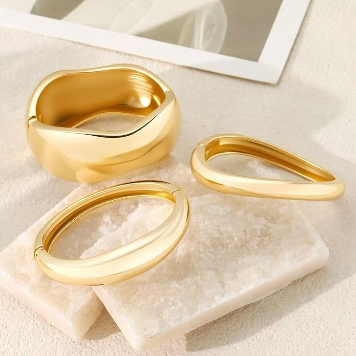 3Pcs Chunky Gold Bangles Bracelets for Women, Spring Hinged Big Stackable Bangles Set, Trendy Cuff Bracelet Stack Fashion Jewelry Gifts