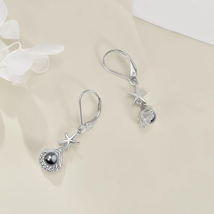 VONALA Silver/Gold Seashell Pearl Dangle Earrings 925 Sterling Silver Beach Drop Dangle Earrings Starfish Leverback Earrings Ocean Jewelry Gifts for Women