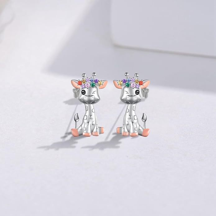 Axolotl/Highland Cow/Panda/Giraffe Stud Earrings 925 Sterling Silver Cute Animal Earrings with with Colored Zircon Animal Jewelry Gift for Girls Women