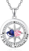Compass Necklace for Women, Exquisite S925 Valentines Day Anniversary Birthday Gifts for Wife Her Double Birthstone Pendant Jewelry ‘I'd be Lost Without You’