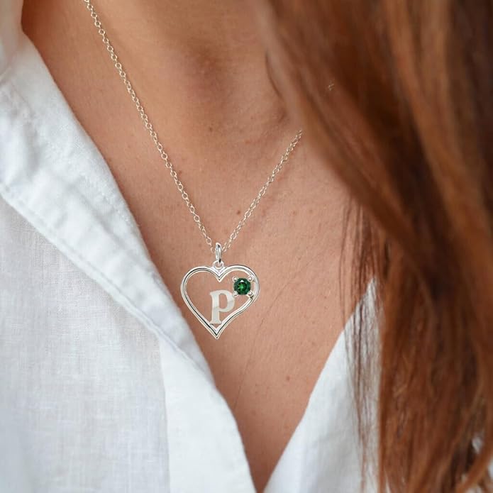 Silver Sterling Necklace Initial Letter A-Z Birthstone for Women – Personalized Custom Jewelry Pendant with Heart Design Customized Dainty Charm for Wife Girlfriend Mom – 18" Box Chain