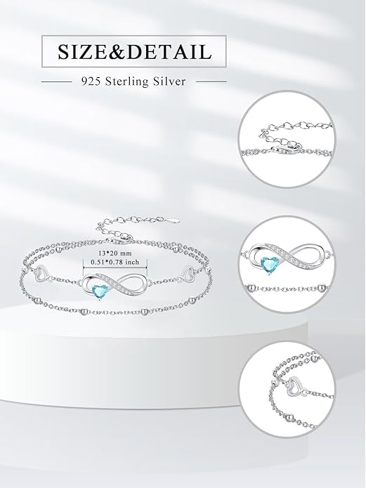 Dorunmo Infinity Heart Anklet Bracelet for Women 925 Sterling Silver Adjustable Infinity Birthstone Bracelet Friendship Jewelry Gifts for Women Birthday Christmas
