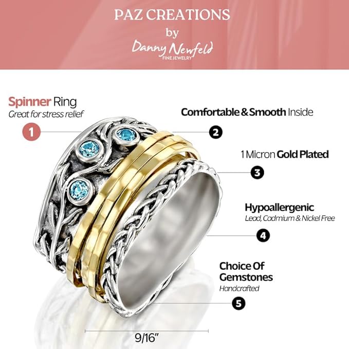 Paz Creations 925 Sterling Silver Spinner Rings for Women With Natural Gemstones - Hammered Pattern Thick Band - Handcrafted Artisan Jewelry - Fidget Rings - Gift For Her