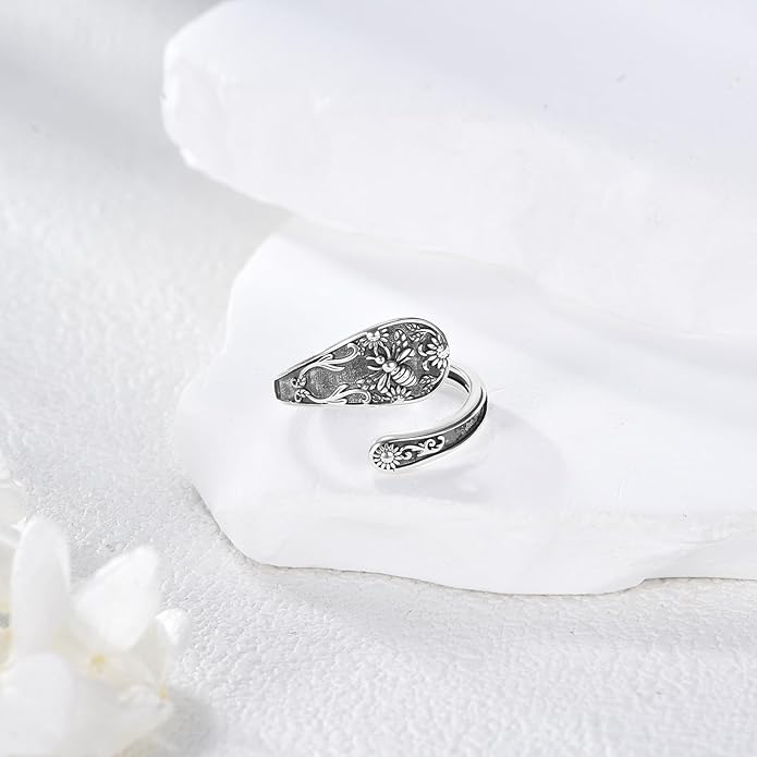 URONE Hummingbird/Bee/Scorpion/Moon Phase Spoon Ring Sterling Silver Thumb Ring Vintage Jewelry Gifts for Women