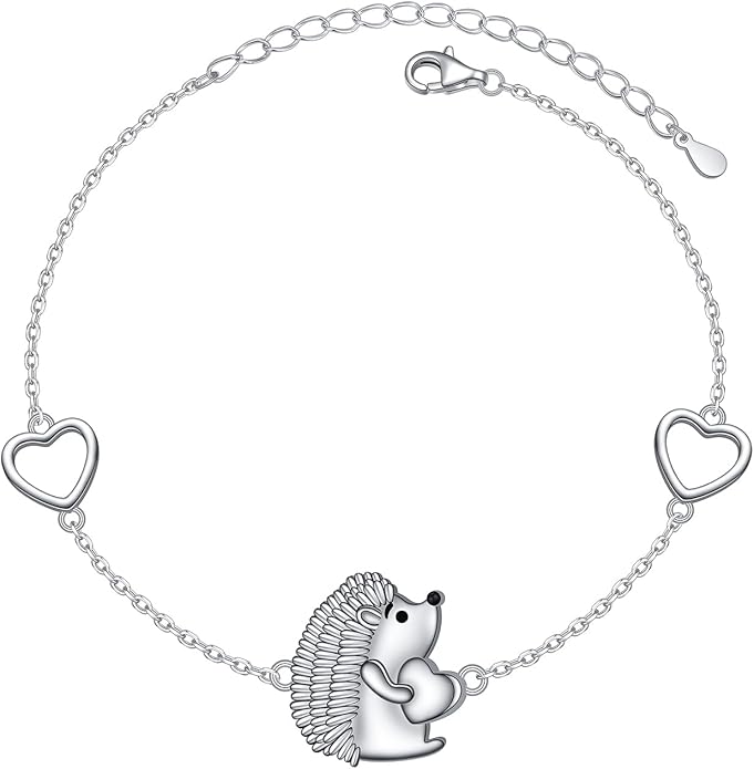 FLYOW 925 Sterling Silver Cute Animal Heart CZ Hedgehog Pendant Necklace and Stud Earrings Bracelet Set for Women Birthday Jewelry