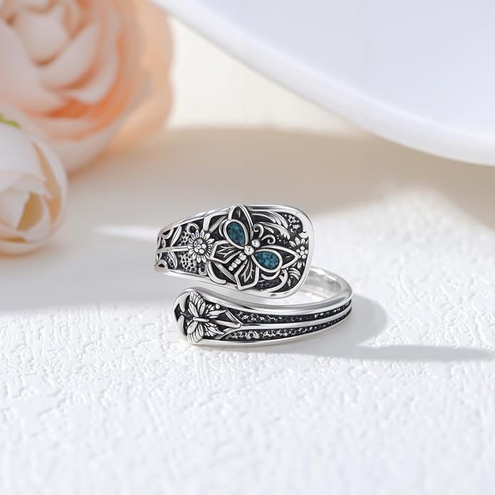 Spoon Ring for Women S925 Sterling Silver Dragonfly Ring Adjustable Thumb Rings Jesus Fish Rings Spoon Jewelry for Brithday Christmas