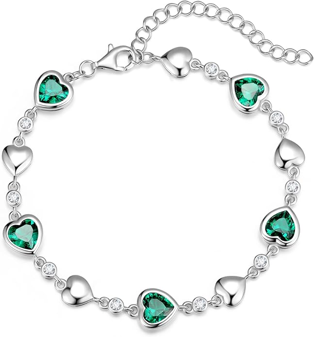 Carleen Birthstone Bracelets for Women 925 Sterling Silver Five Heart Station Created Gemstone Tennis Bracelet Jewelry Anniversary Birthday for Wife, 7"+1.2" Extender
