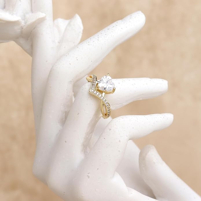 Jean Beau Gold Heart Adjustable Rings for Women, Trendy Elegant Sparkly Cubic Zirconia Ring Wedding Prom Valentine Fashion Accessories Jewelry Gift
