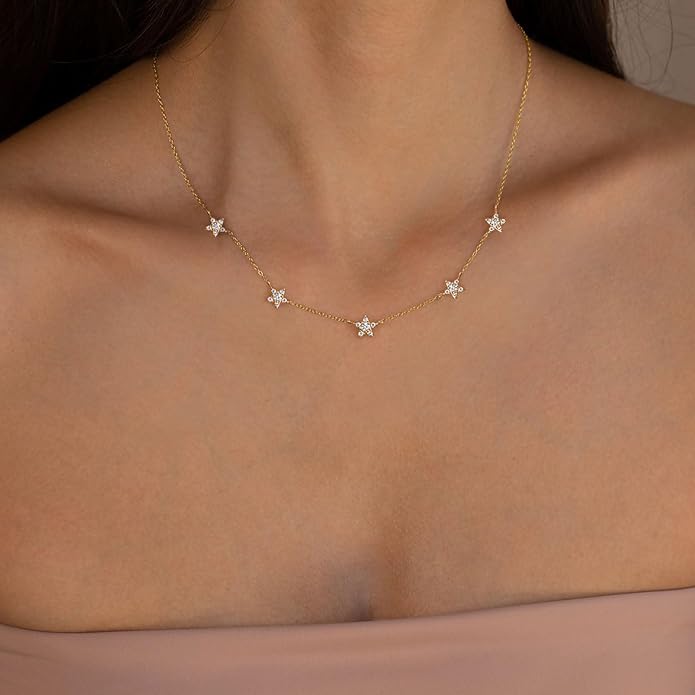 VRIUA Necklaces for Women - 14K Gold/Silver Plated Dainty Chain Necklace with Five Charms: Diamond, Bow, Snowflake, Cross, Flower, Clover, Butterfly, Heart, Star of David, and Star Trendy Jewelry