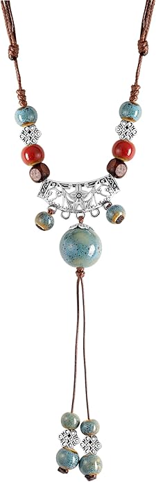MINACHI Vintage Bohemian Ethnic Colorful Ceramic Bead Long Y Necklace, Hippie Boho Summer Fashion Jewelry Gift for Women